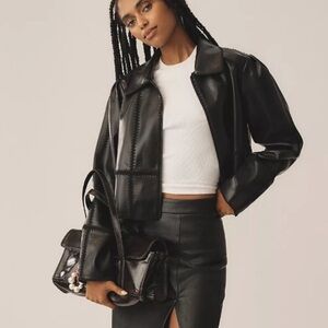 Anthropologie The Freya Faux-Leather Whip-Stitch Swing Jacket Coat Medium New